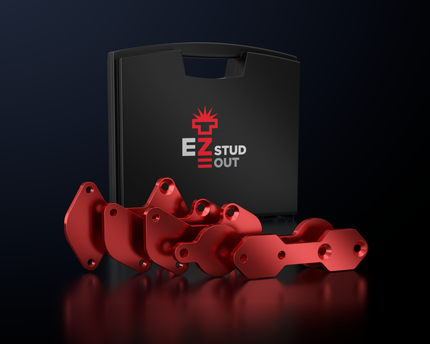 EZ STUD OUT extraction system by ROBTOOLS featuring red aluminum templates and professional kit for broken exhaust stud removal.