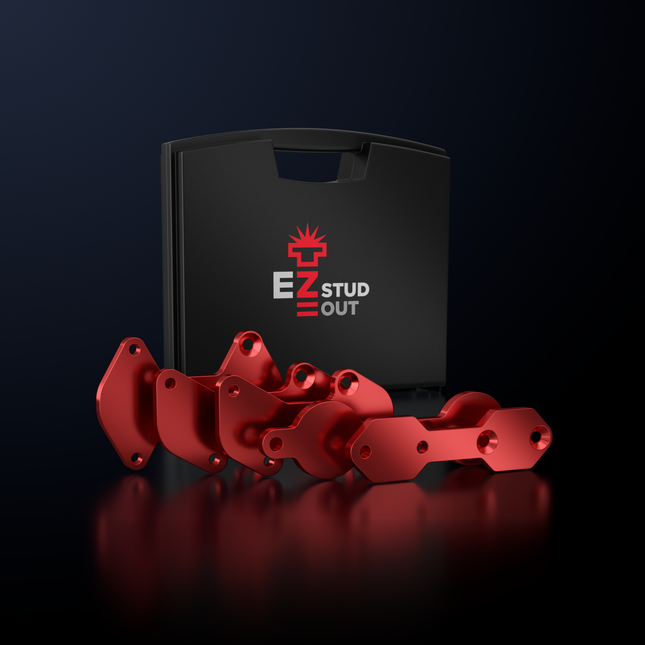 EZ STUD OUT extraction system by ROBTOOLS featuring red aluminum templates and professional kit for broken exhaust stud removal.