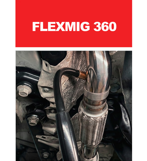 ROBTOOLS FLEXMIG 360 flexible welding neck used for precision exhaust pipe welding in tight vehicle chassis corners.
