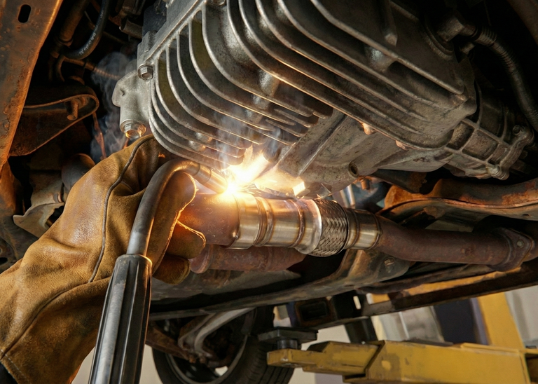 ROBTOOLS FLEXMIG 360 series flexible welding neck used for precision exhaust pipe welding in tight vehicle chassis corners.