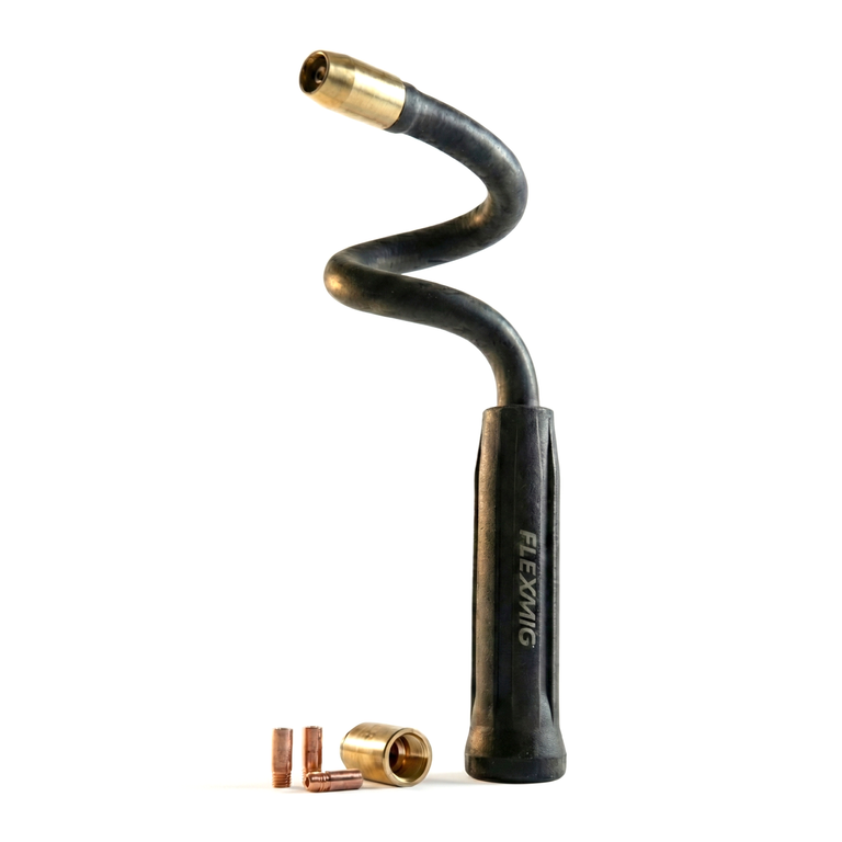 ROBTOOLS FLEXMIG 360 flexible welding neck shown as an essential companion to the EZ STUD OUT extraction system.