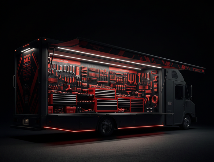 Professional mobile tool distributor truck stocked with ROBTOOLS EZ Stud Out and FLEXMIG systems for on-site mechanical shop support.